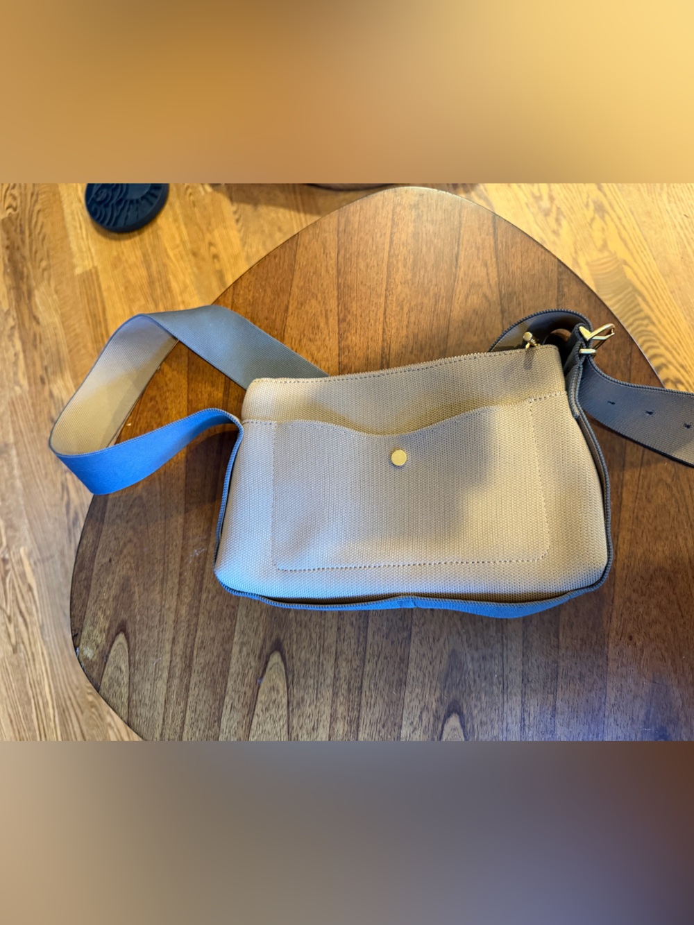 Beige and Grey Canvas Belt Bag with Blue Strap